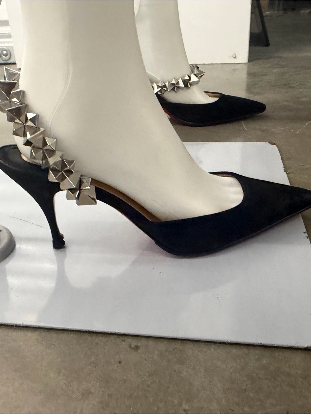 CHRISTIAN LOUBOUTIN BLACK SUEDE SILVER STUDDED ANKLE STRAP POINTED TOE HEELS